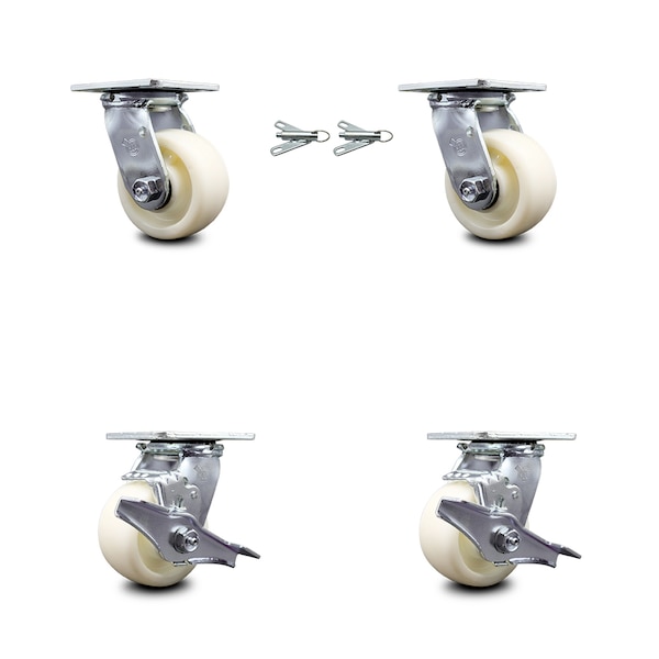 4 Inch Nylon Caster Set with Ball Bearings 2 Swivel Lock 2 Brake